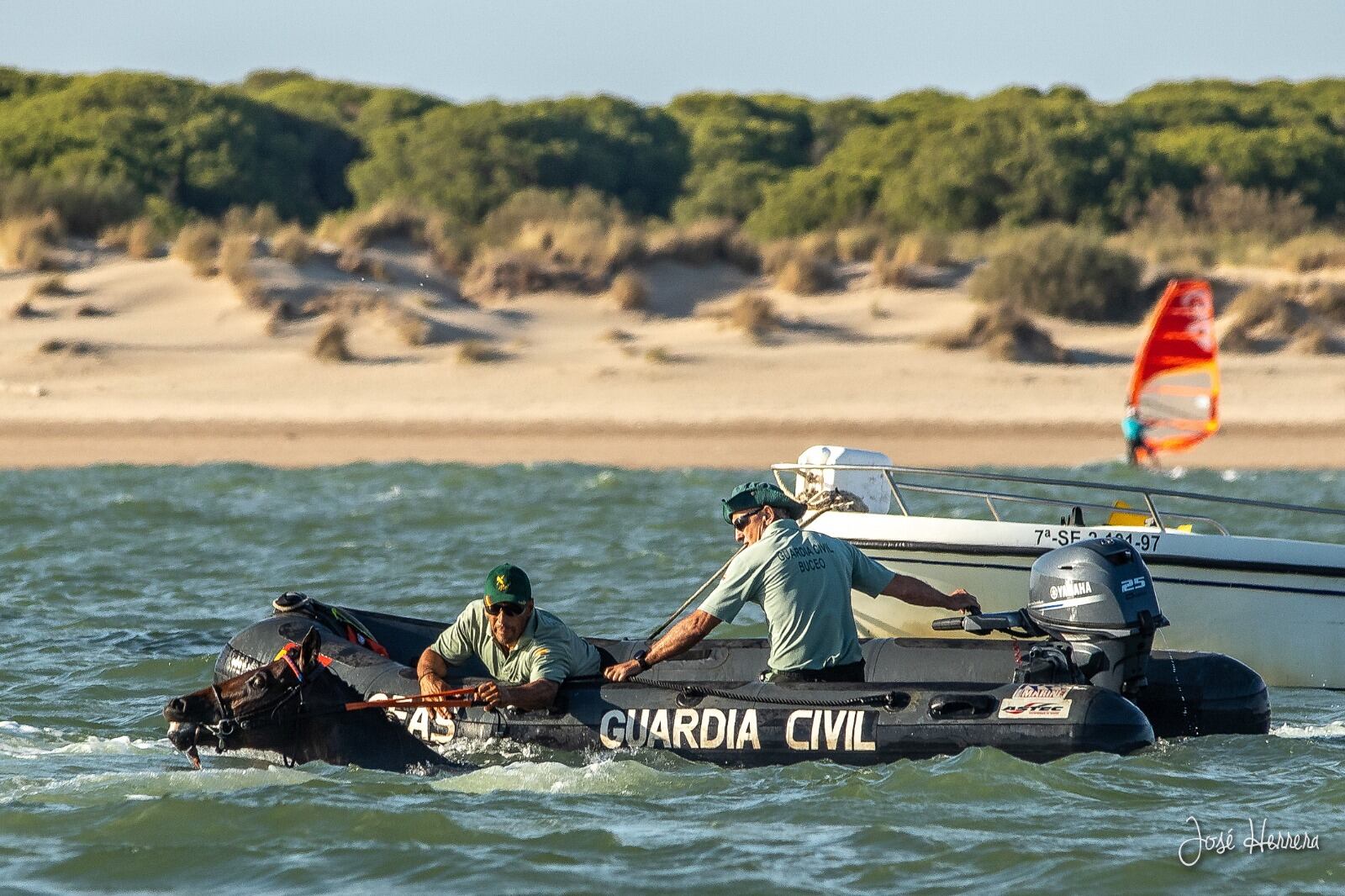 Dos agentes de la Guardia Civil socorriendo al caballo desbocado en Sanlúcar