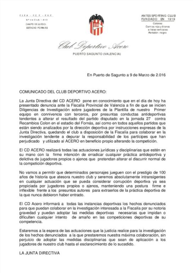 El comunicado del CD Acero