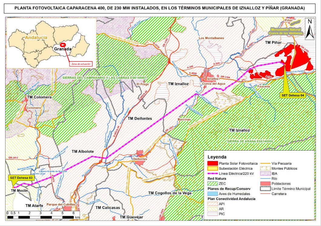Plano de la planta solar &quot;Caparacena 400&quot; en los términos de Iznalloz y Píñar (Granada)