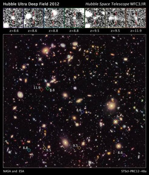 El Hubble ha encontrado un cúmulo de siete galaxias que se formaron poco después de la creación del Universo