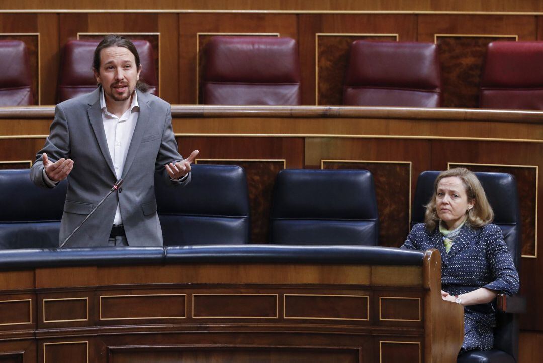 El vicepresidente segundo del Gobierno, Pablo Iglesias, durante su intervención en la sesión de Control al Ejecutivo que se celebra en el Congreso. 