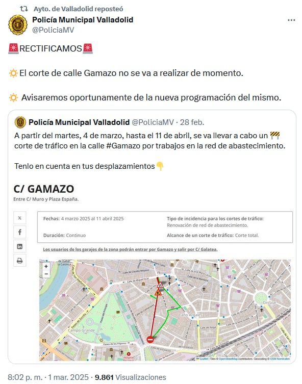 Rectificación del corte en la Calle Gamazo