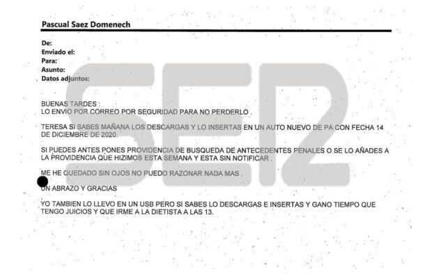 Correo electrónico de la juez Olga Reverte a la funcionaria del juzgado