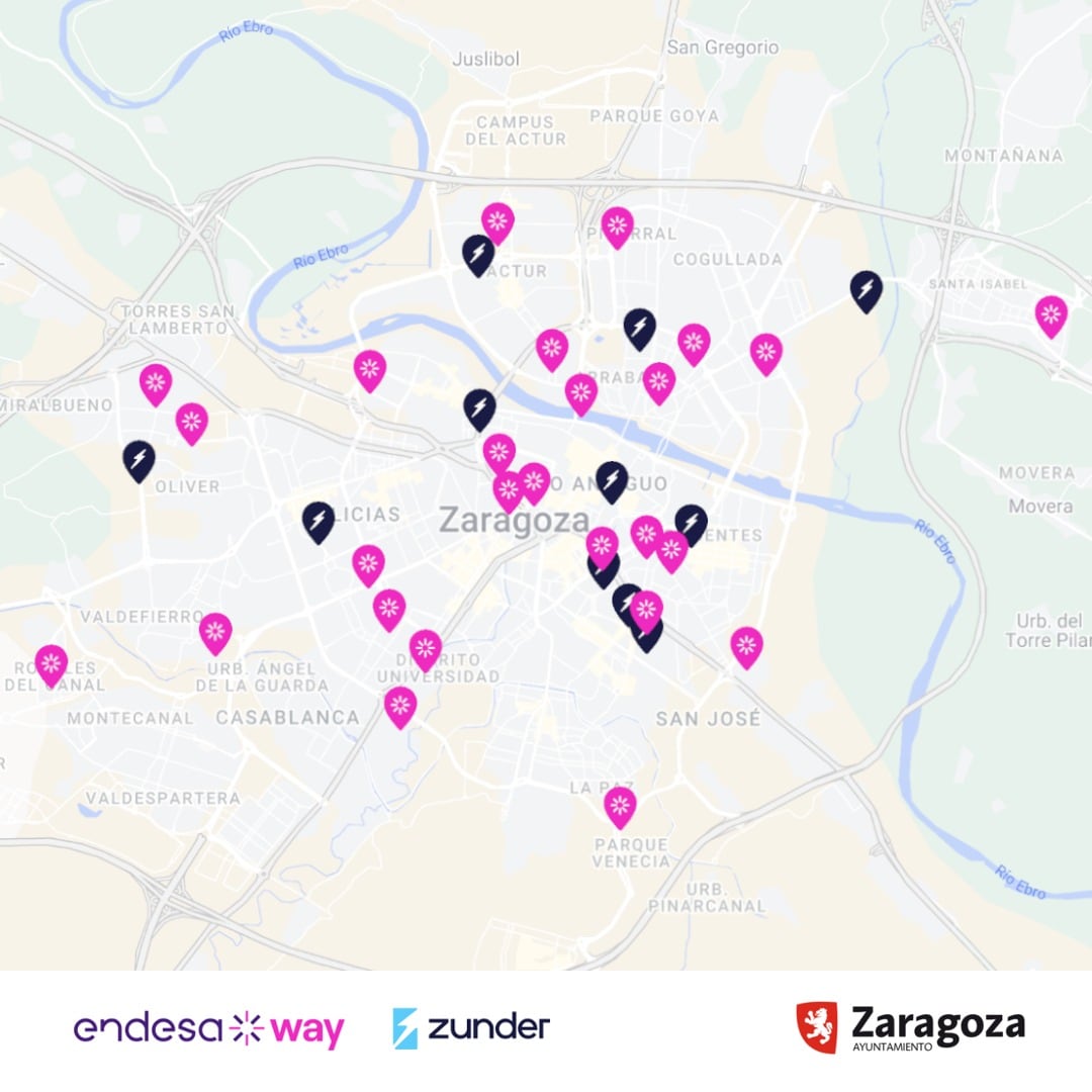 Mapa con los puntos de recarga para vehículos eléctricos en Zaragoza