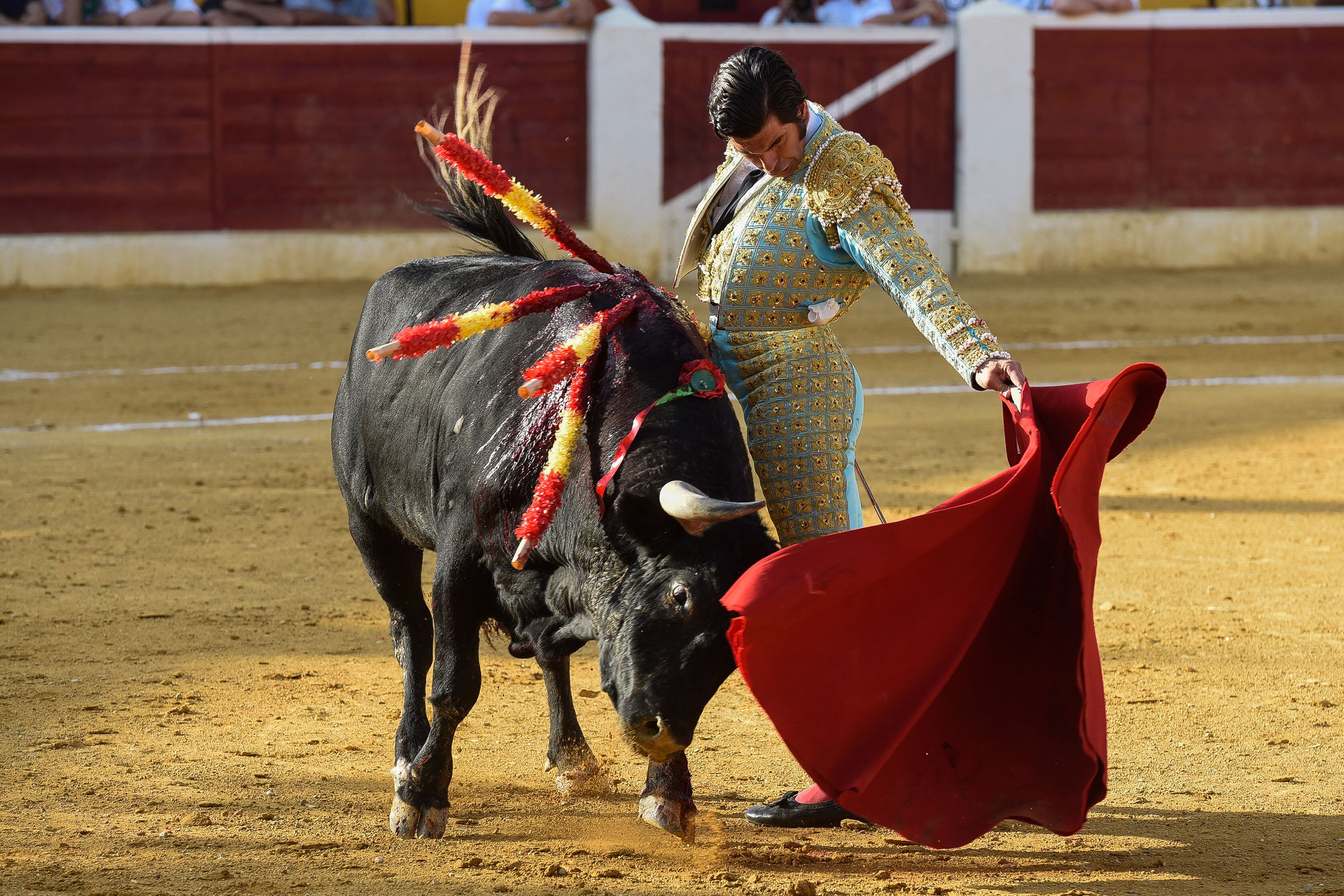 El diestro Morante de la Puebla con su primer toro, al que cortó una oreja, en el segundo festejo de la Feria de la Albahaca, el año pasado en Huesca. EFE/JAVIER BLASCO