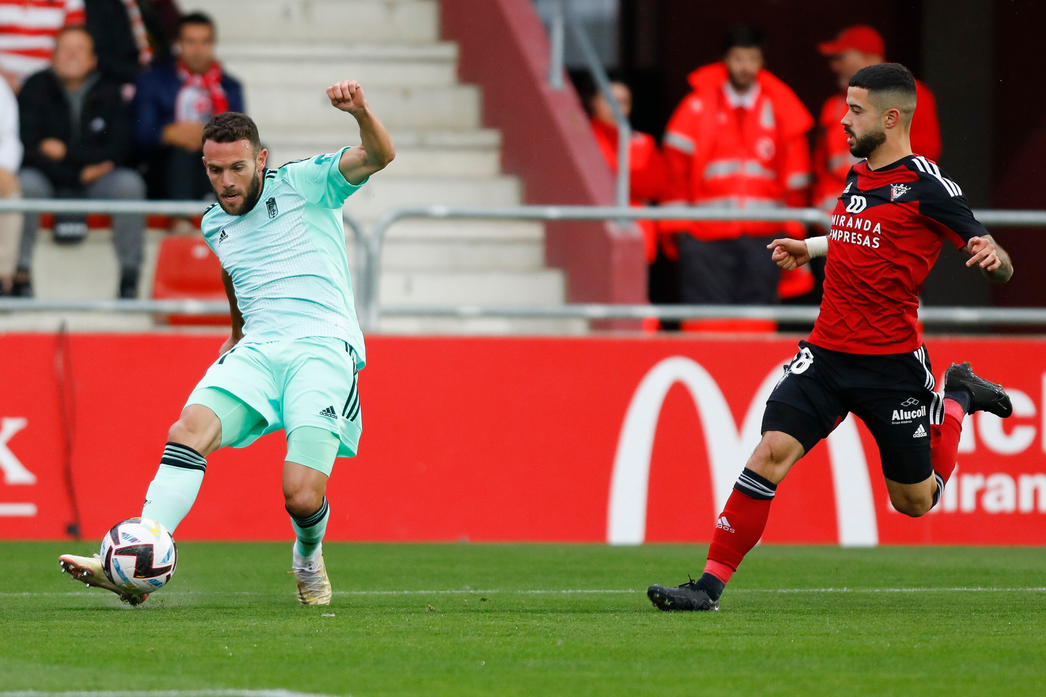 Quini, of Granada CF  and Alvaro Sanz, of Mirandes during the La Liga Smartbank match between CD Mirandes and Granada CF at Anduva Stadium on May 20, 2023 in Miranda de Ebro, Spain.  (Photo by Álex Cámara/NurPhoto via Getty Images)