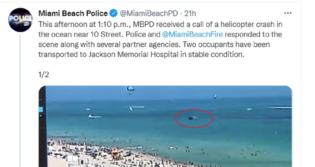 Se estrella un helicóptero en EEUU a escasos metros de una playa de Miami Beach.