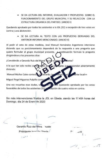 Acta de la Junta Directiva del PP de Úbeda celebrada este domingo