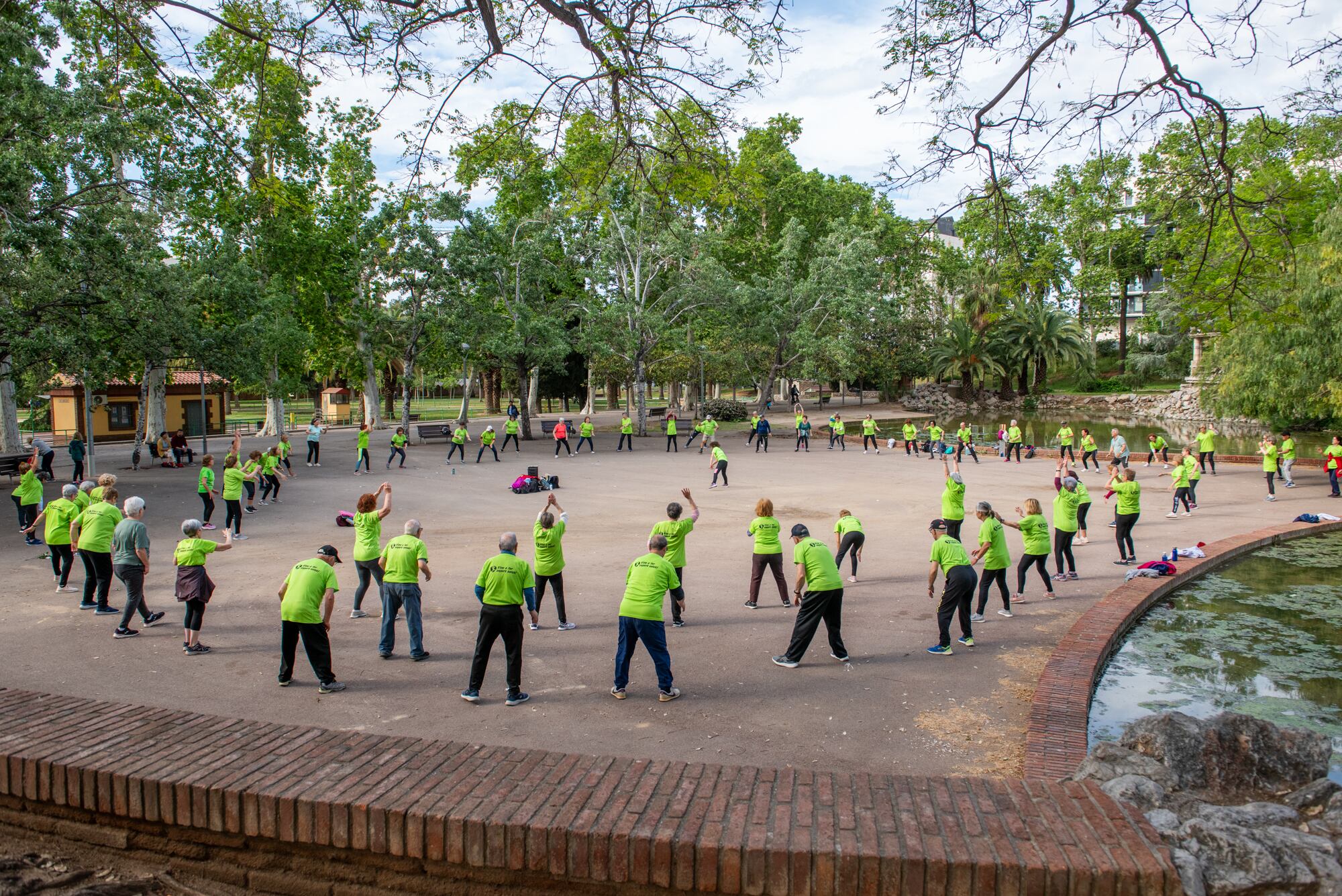 Els participants del programa Vine a fer esport salut, practicant exercicisgimnàstics a un parc de Cornellà de Llobregat