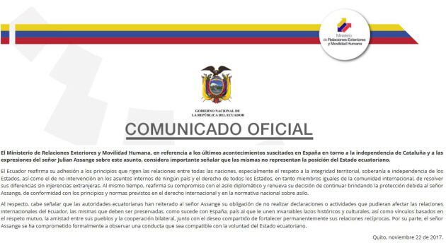 El comunicado oficial emitido por el gobierno ecuatoriano.