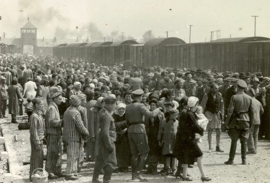 Fotografía de la exposición que muestra la vida en el campo de exterminio de Auschwitz