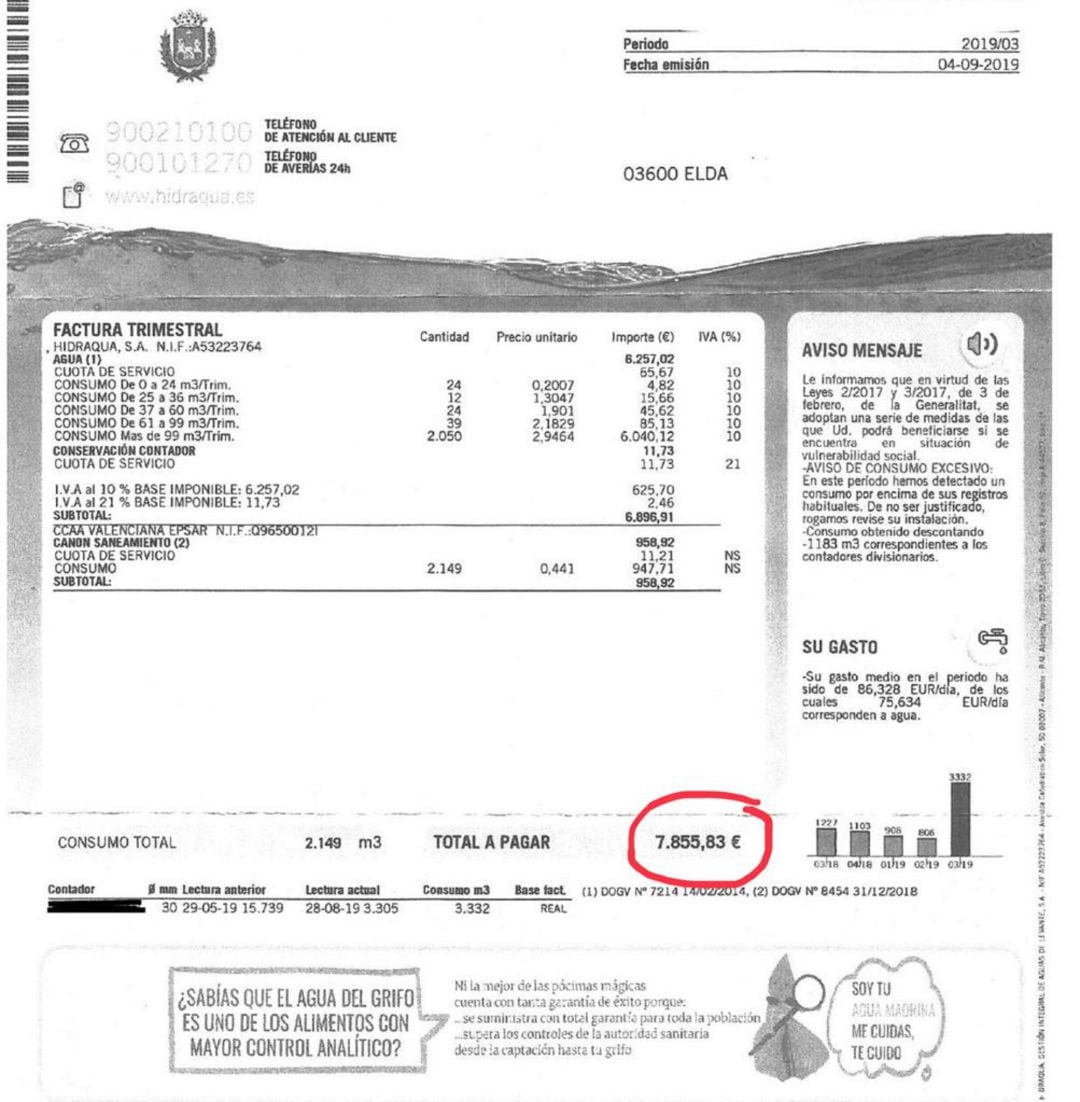 Factura emitida a la comunidad de propietarios