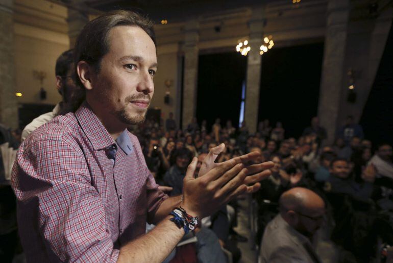 El líder de Podemos, Pablo Iglesias, durante la presentación de su libro &#039;Disputar la democracia&#039;