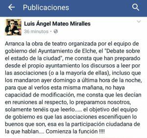 Pantallazo de lo que ha escrito Luis Ángel Mateo en Facebook