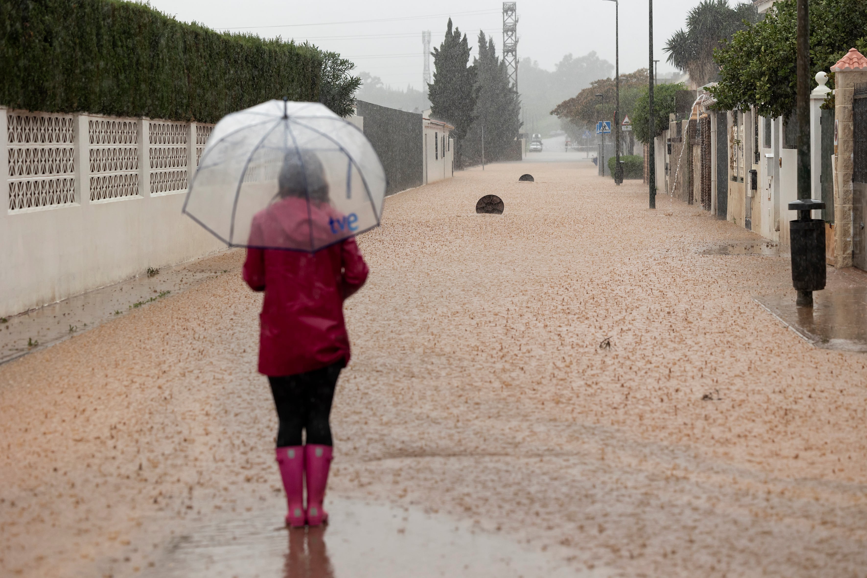 Una mujer observa una calle en la barriada de Campanillas en Málaga, en la que el paso de la dana ha obligado a nuevos desalojos preventivos en el río Campanillas ante su posible desbordamiento .EFE/Daniel Pérez