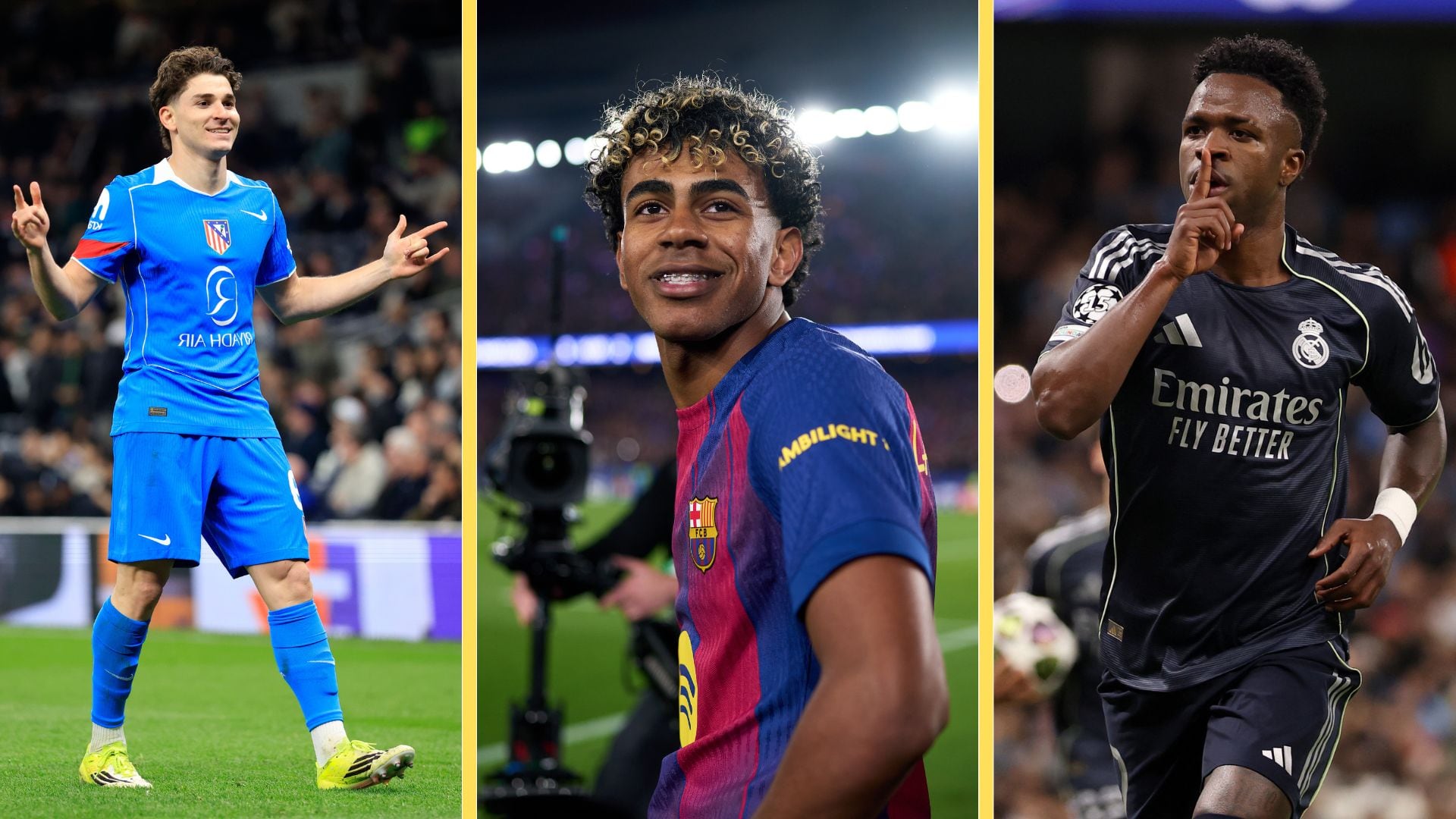 Montaje con las celebraciones de Julián Alvarez, Lamine Yamal y Vinicius