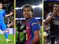 Montaje con las celebraciones de Julián Alvarez, Lamine Yamal y Vinicius