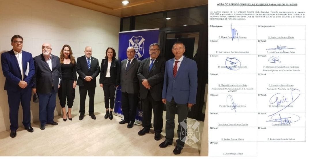 A la izquierda, imagen de la reunión del Patronato (30-01-2020) que publicó el CD Tenerife. A la derecha, acta y firmas que figuran en el documento que aparece en la web de la Fundación.