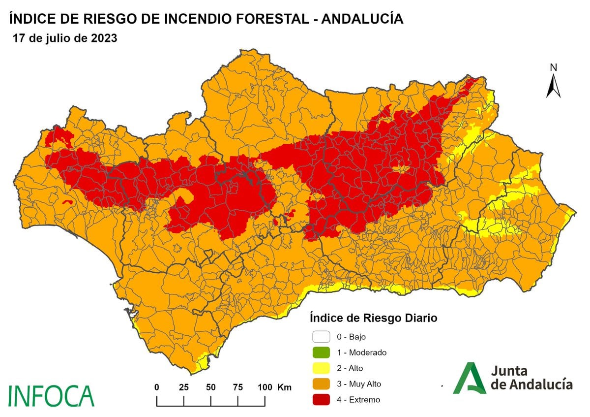 El mapa de riesgos de incendios de la próxima semana en Andalucía