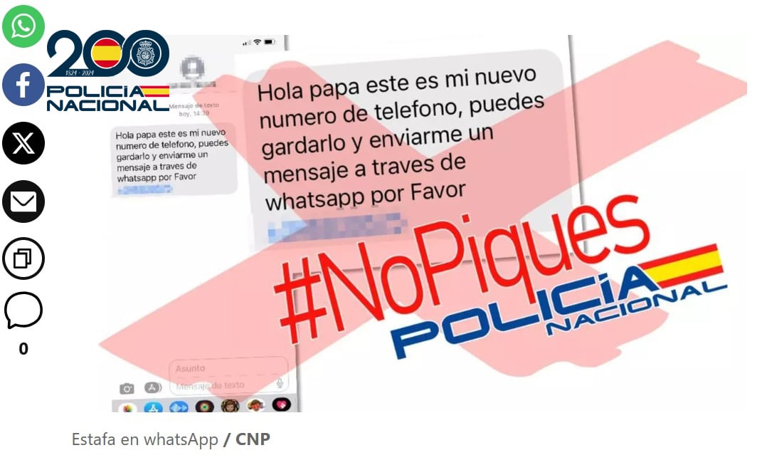 La víctima recibe desde un móvil desconocido un mensaje de WhatsApp “de parte de su hijo/a” solicitándole dinero urgente