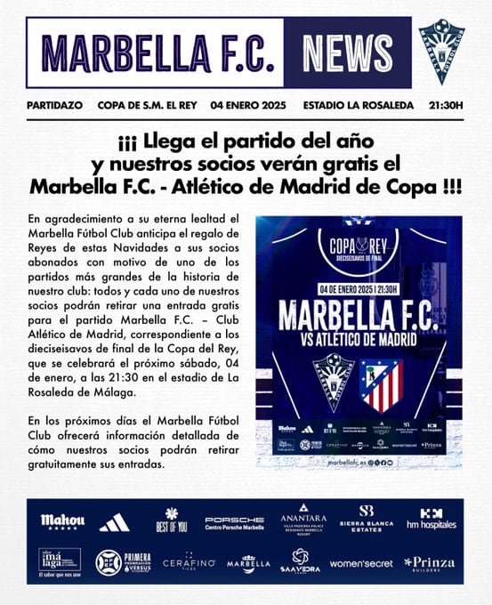 El Marbella va a realizar diversas promociones con sus socios y los abonados del Málaga para el partido de Copa del Rey ante el Atlético de Madrid