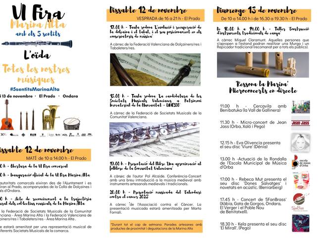 Díptico 'VI Fira Marina Alta amb els 5 sentits: l'oïda'.