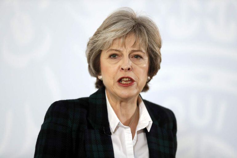 Theresa May, durante su rueda de prensa en Lancaster House para dar detalles sobre su estrategia de negociación con la Unión Europea