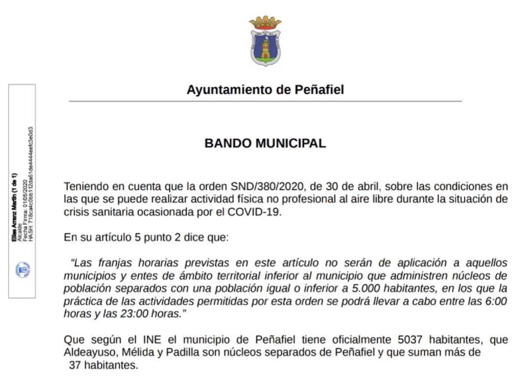 Esta es el bando municipal emitido por el Ayuntamiento para regular la práctica deportiva a partir del 2 de mayo.