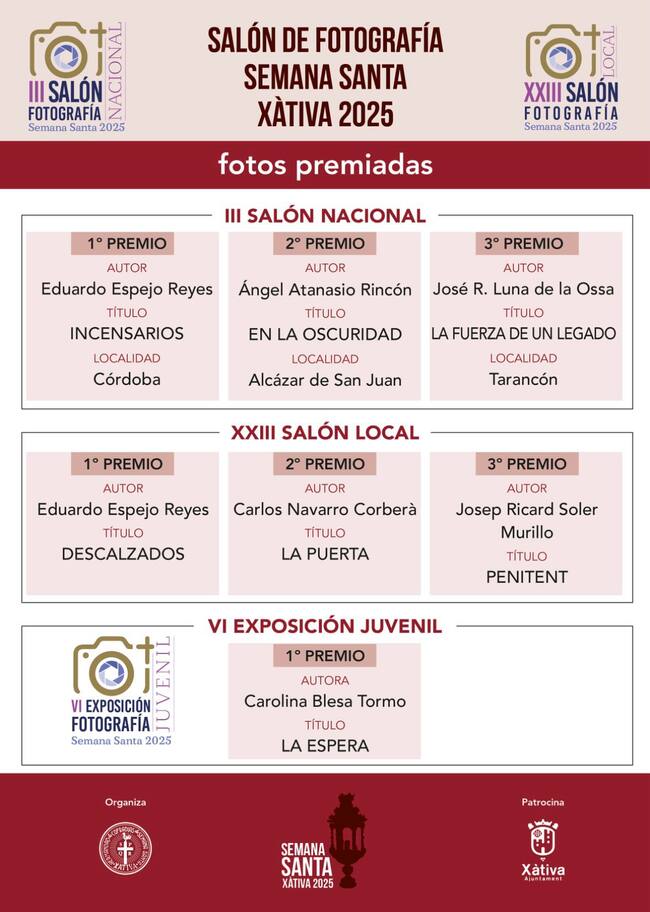 Autores y obras ganadoras de los salones de fotografía de la Semana Santa de Xàtiva