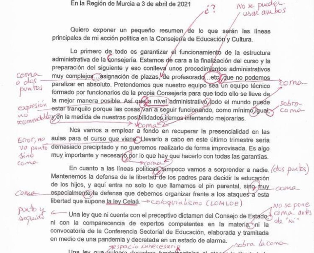 Corrección de la carta publicada por la consejera de educación, Mabel Campuzano