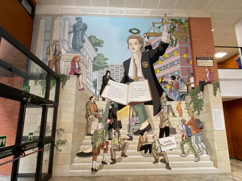 Mural de Paco Roca y Martín Forés en el hall de la Facultad de Derecho de València