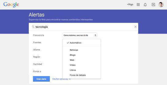 Las Alertas de Google permiten seleccionar el tipo de contenido que recibe el usuario por e-mail