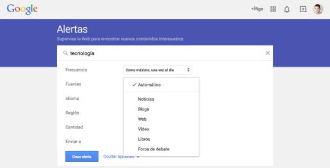 Las Alertas de Google permiten seleccionar el tipo de contenido que recibe el usuario por e-mail