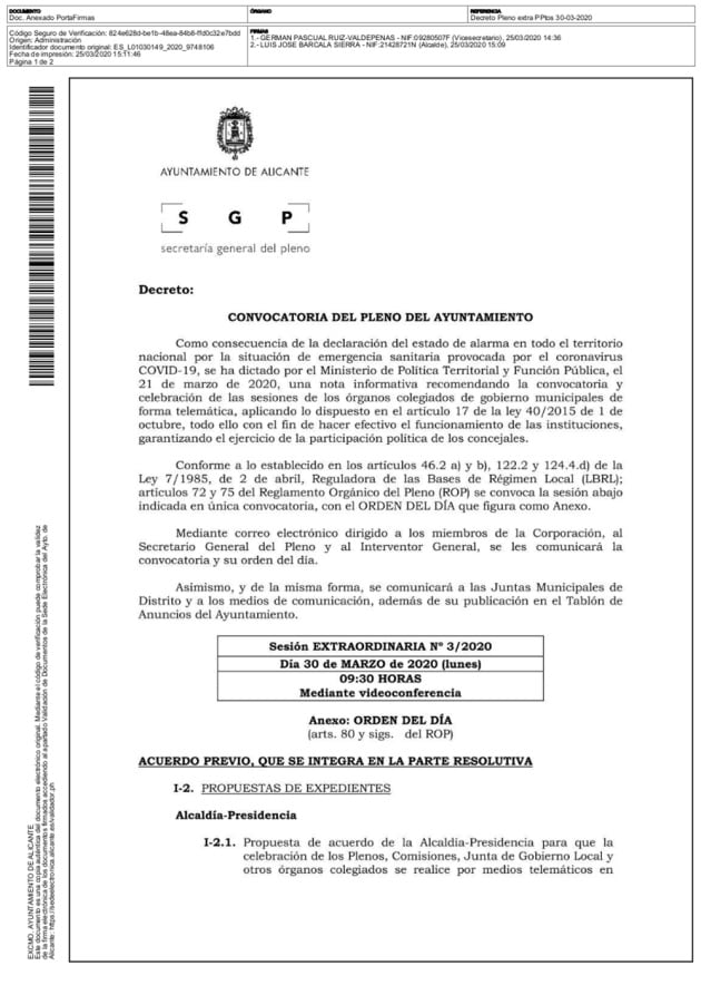 Convocatoria del Pleno del Ayuntamiento de Alicante