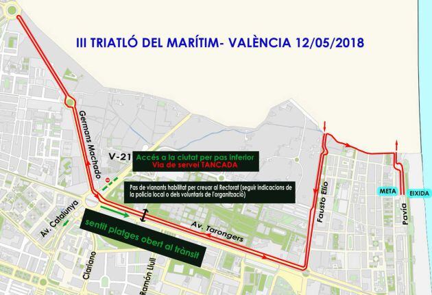 Planificación de cortes de tráfico por la celebración del Triatlón de Valencia