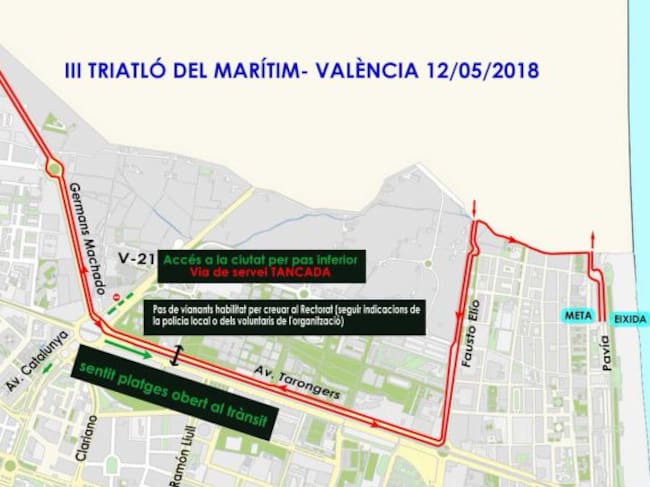Planificación de cortes de tráfico por la celebración del Triatlón de Valencia