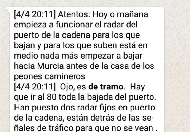 El mensaje de whatsapp que circula advirtiendo de un radar de tramo en el puerto de la Cadena, que ha negado que exista la DGT.