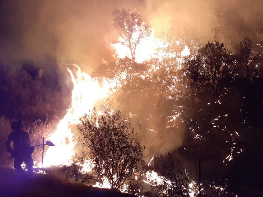 Efectivos del INFOCA luchando contra las llamas esta noche en Villaharta Córdoba