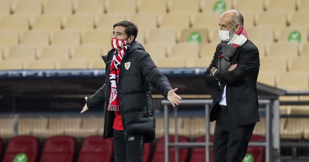 Coach Marcelino Garcia Toral of Athletic Bilbao, president Aitor Elizegi of Athletic Bilbao during the Spanish Super Cup match between FC Barcelona v Athletic de Bilbao at the La Cartuja Stadium on January 17, 2021 in `ser Spain