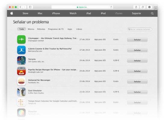 Página ‘Señalar un problema’ de Apple