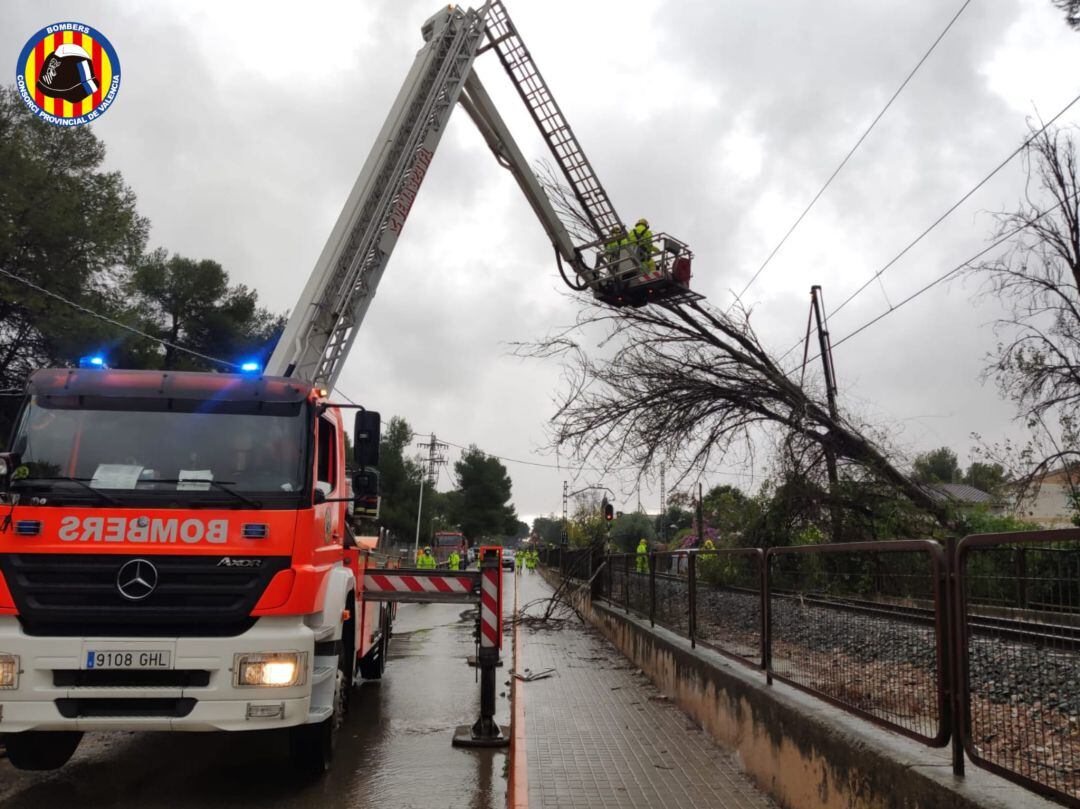 Los Bomberos del consorcio provincial de Valencia trabajan en retirar un árbol de las vías de la L2 de Metrovalencia. 