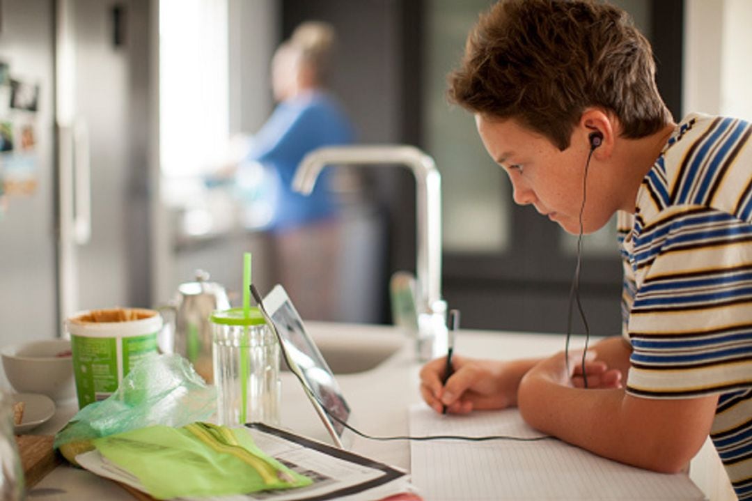 Estudiante siguiendo una clase desde casa