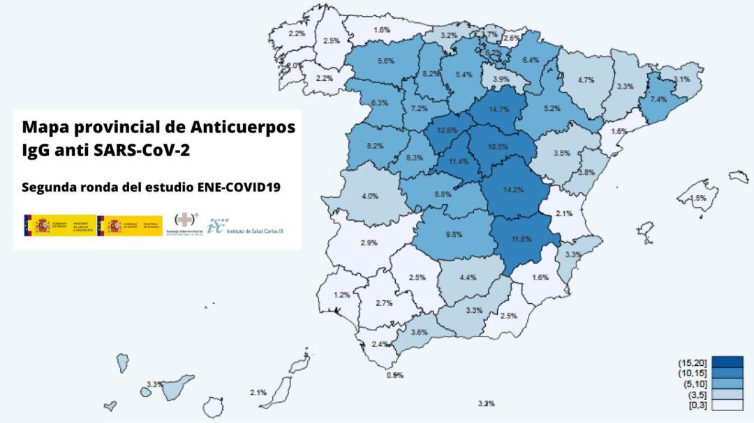 Mapa provincial de anticuerpos del coronavirus del Instituto Carlos III de Madrid