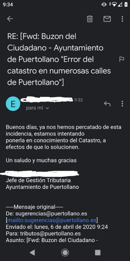 Comunicación electrónica en la que se reconoce la incidencia