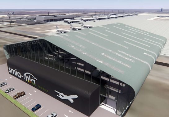 Imagen de cómo quedará el hangar una vez construído, junto a la terminal.