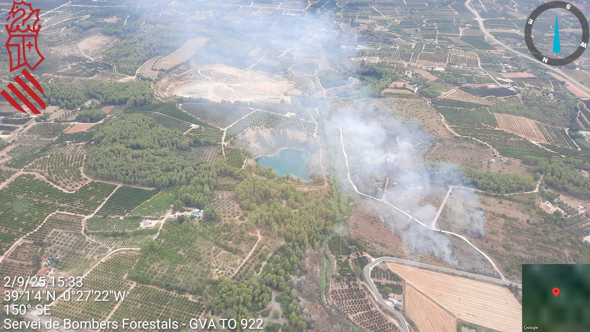 Imágenes del incendio de Barxeta a las 15:30h. Fuente: GVA 112 CV