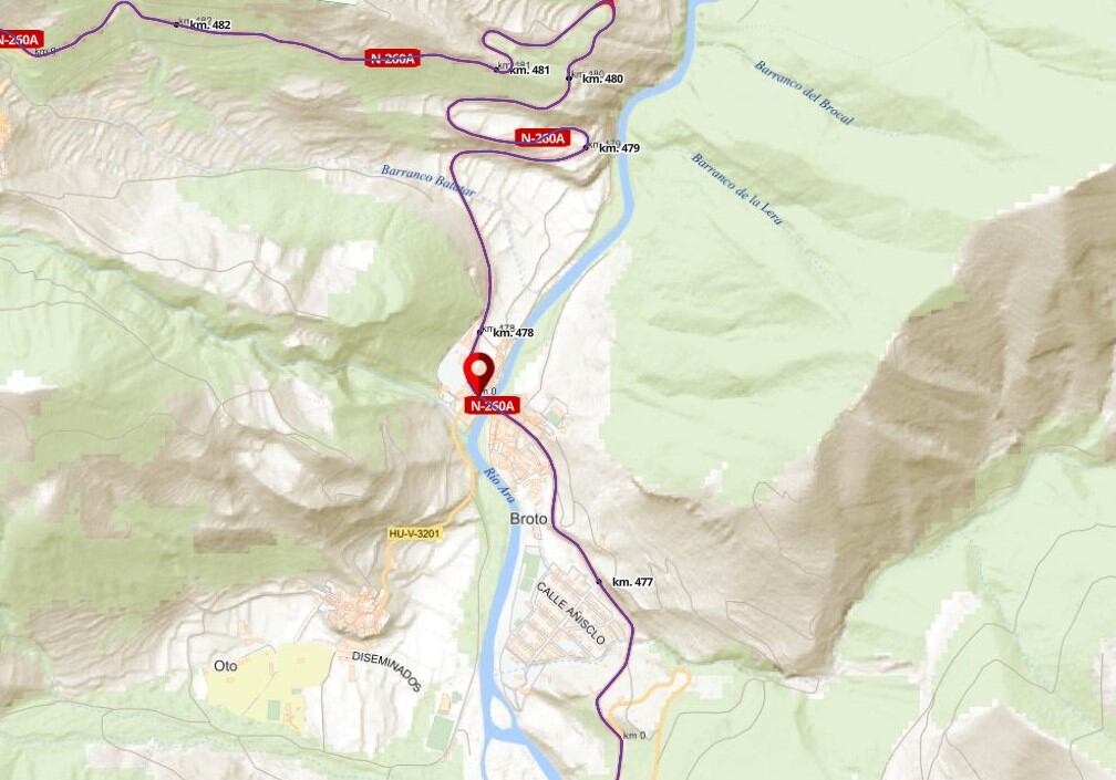 Ubicación del puente, en el km 477,750 de la carretera N-260A, en Broto