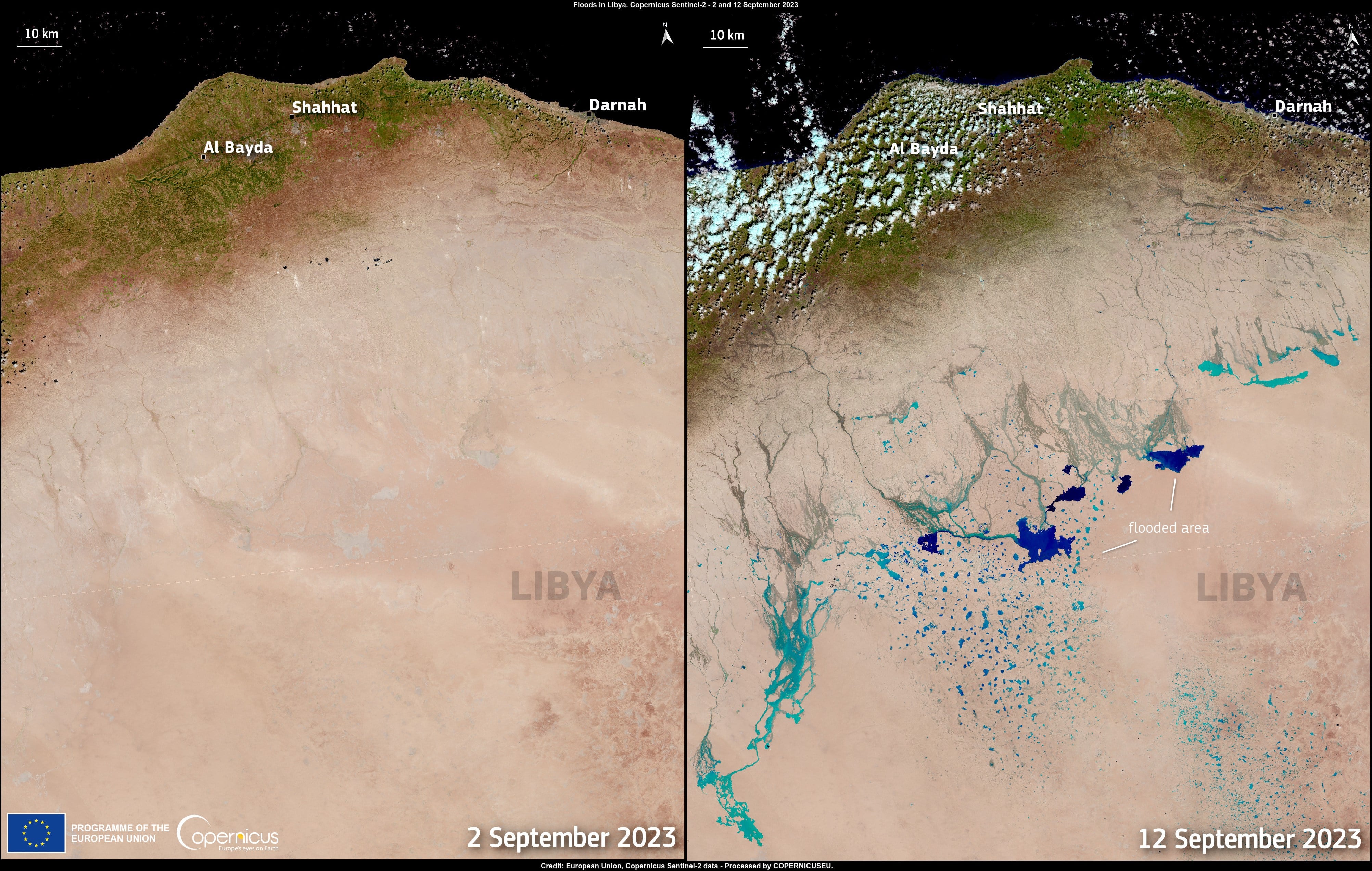 La imagen de Copernicus en la que se ven los lagos que ha dejado la tormenta Daniel en el desierto de Libia