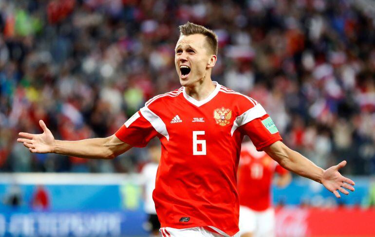 Soccer Football - World Cup - Group A - Russia vs Egypt - Saint Petersburg Stadium, Saint Petersburg, Russia - June 19, 2018   Russia&#039;s Denis Cheryshev celebrates scoring their second goal   