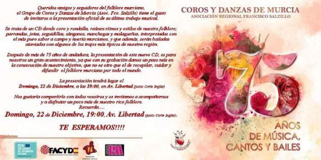 Detalle de la invitación a la presentación del disco &#039;75 años de música, cantos y bailes&#039; del grupo de Coros y Danzas de Murcia.